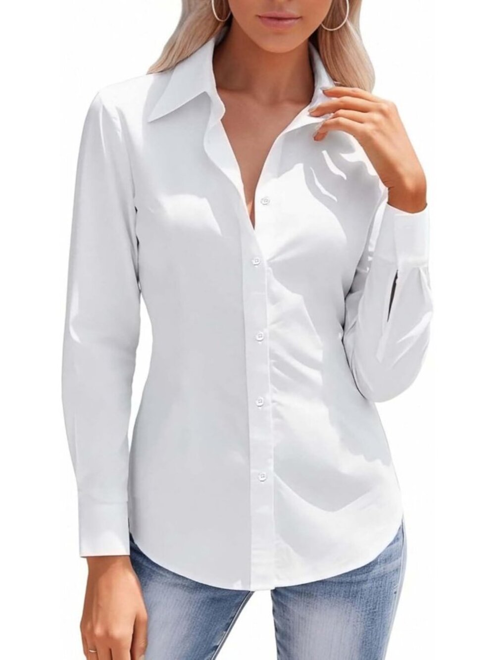 Women's White Button Down Long Sleeve Stretch Slim Fit Wrinkle Free Work Shirts